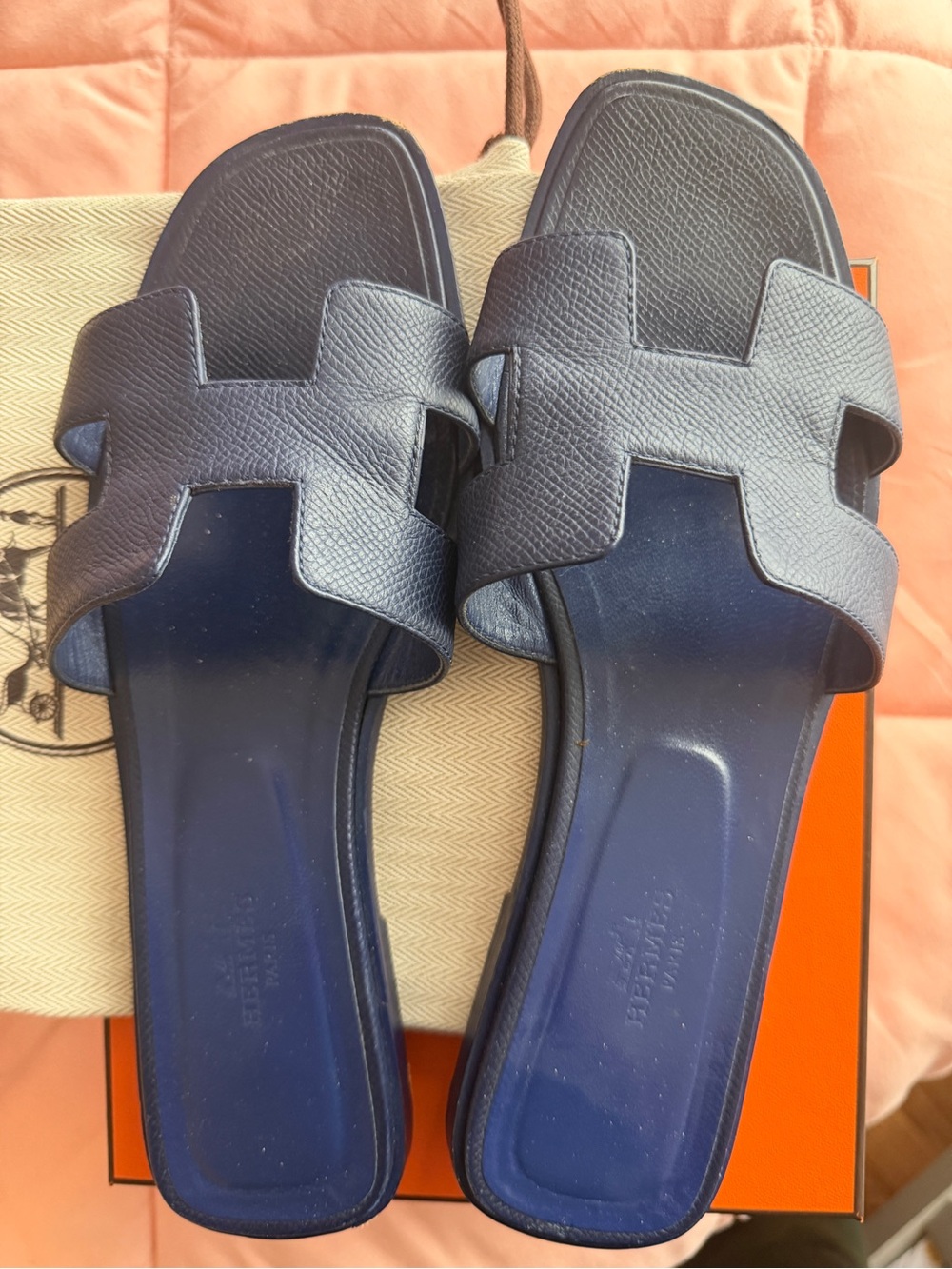 Hermes Oran Navy Blue Leather H-strap Slide Sandals